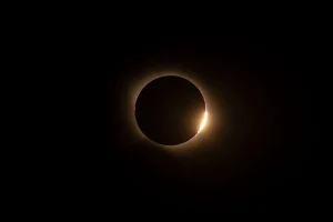 Persona mirando hacia arriba durante un eclipse solar total con la corona solar visible en el cielo oscuro.