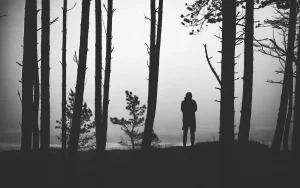 Personaje solitario en túnica contempla un paisaje neblinoso con montañas antiguas al fondo