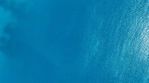 Superficie del océano con olas de calor y brillo intenso bajo el sol, representando el calentamiento marino récord