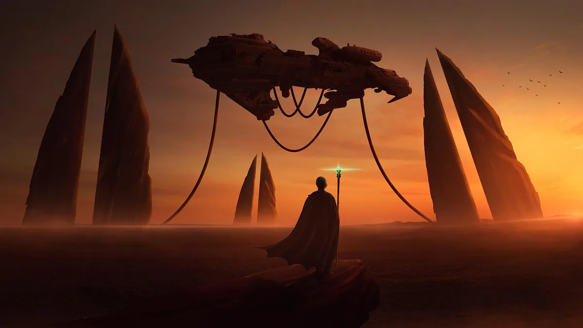 Spartan soldier in futuristic armor standing on alien ring structure, dramatic lighting from distant explosions, vast sci-fi landscape stretching behind