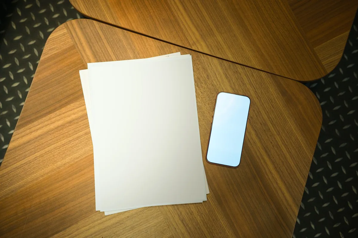 empty smartphone on a café table, screen off, a folded warranty paper beside it